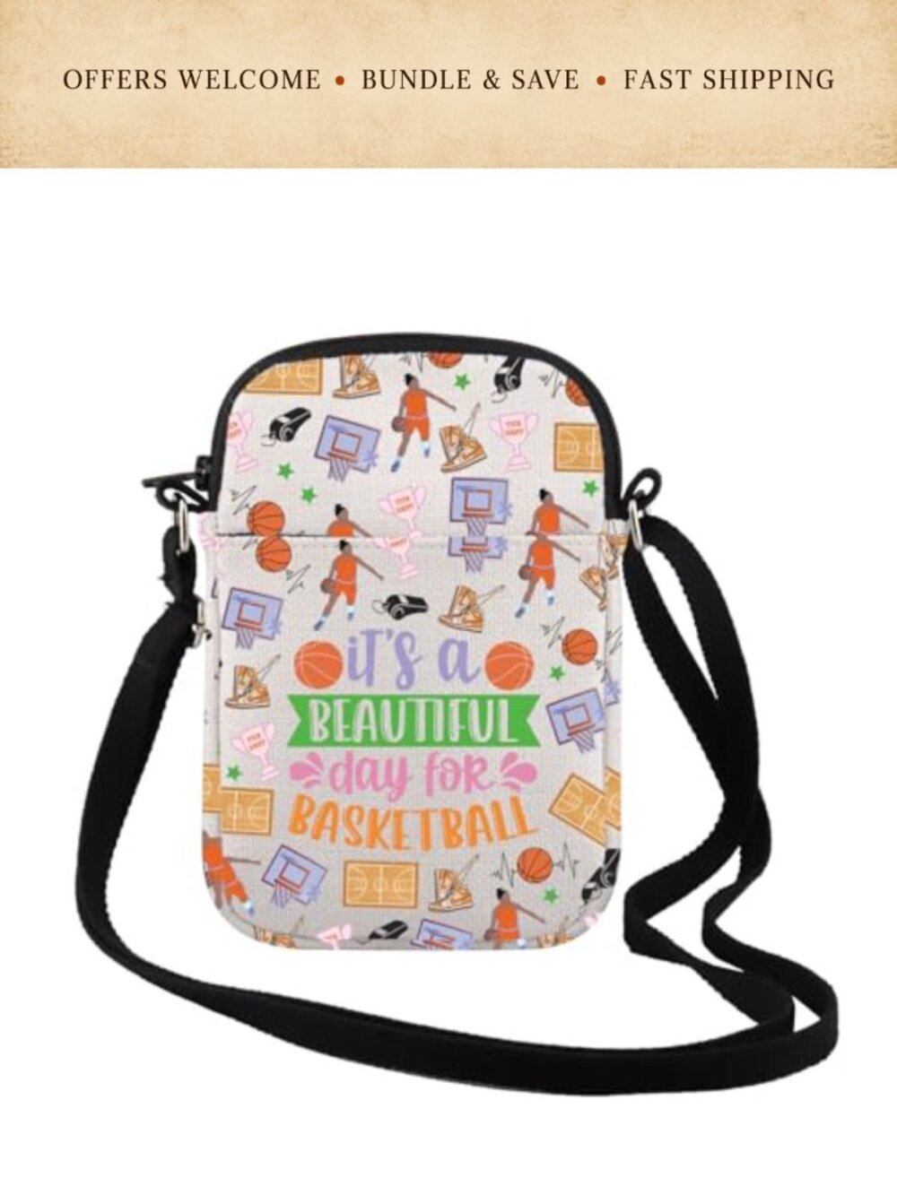 Basketball Crossbody Bag Canvas Zipper Adjustable Strap Small Purse